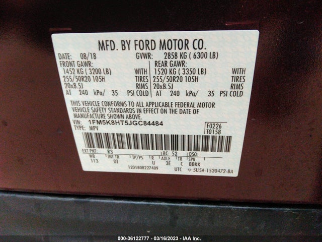 2018 FORD EXPLORER PLATINUM VIN: 1FM5K8HT5JGC84484