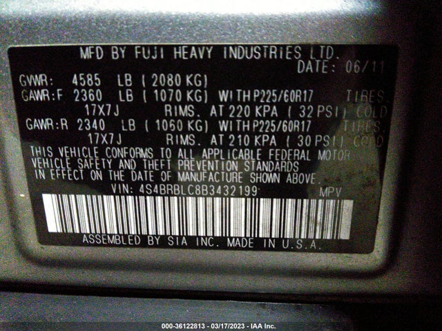 2011 SUBARU OUTBACK 2.5I LIMITED PWR MOON/NAV VIN: 4S4BRBLC8B3432199