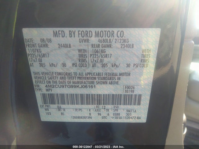 2009 MERCURY MARINER PREMIER VIN: 4M2CU97G99KJ06161