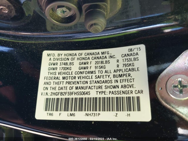 Honda Civic Sedan Lx 2015 2HGFB2F59FH550645 Image 9