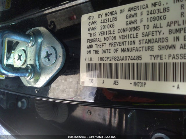 2010 HONDA ACCORD SDN EX-L VIN: 1HGCP2F82AA074485