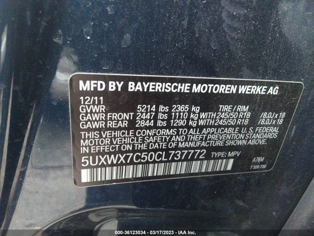 2012 BMW X3 35I VIN: 5UXWX7C50CL737772