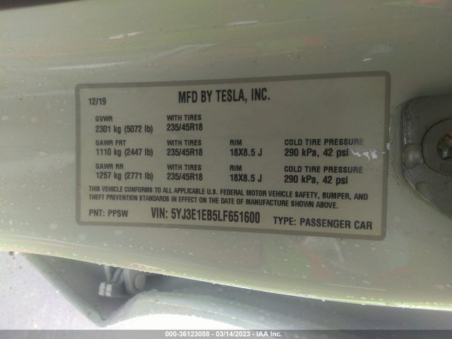 Tesla Model 3 Long Range 2020 5YJ3E1EB5LF651600 Image 10
