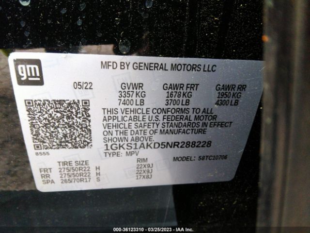 1GKS1AKD5NR288228 GMC YUKON SLE