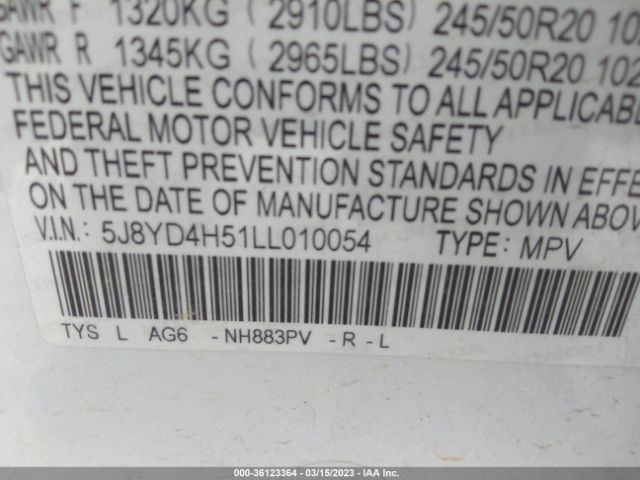 5J8YD4H51LL010054 Acura Mdx W/technology Pkg