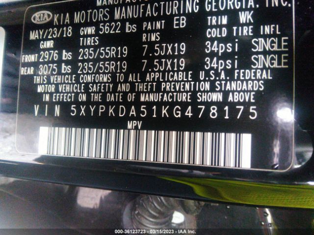 5XYPKDA51KG478175 KIA Sorento Sx Limited V6
