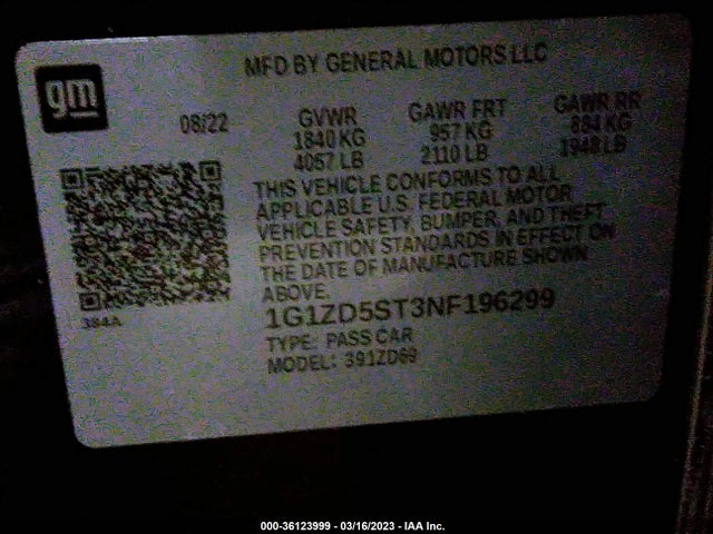 2022 CHEVROLET MALIBU LT VIN: 1G1ZD5ST3NF196299