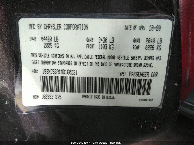 Dodge Dynasty Le 1991 1B3XC56R1MD160221 Image 10