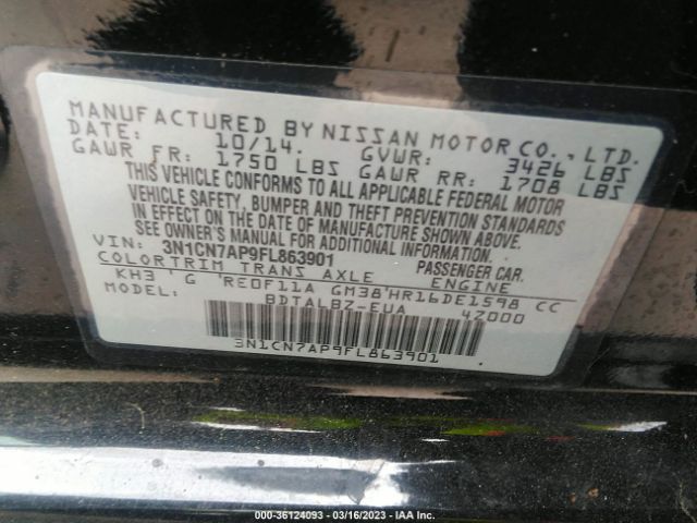 3N1CN7AP9FL863901 Nissan VERSA SV
