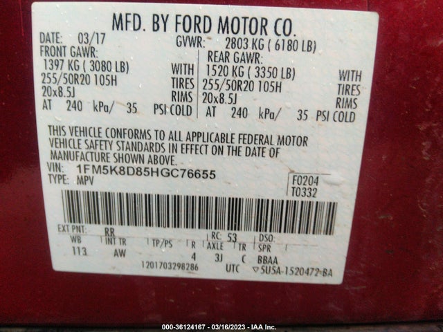 Ford EXPLORER XLT 2017 1FM5K8D85HGC76655 Image 11