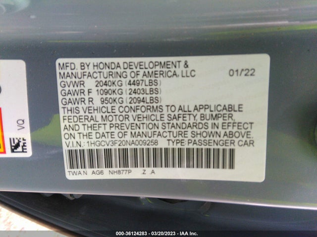 2022 HONDA ACCORD HYBRID SPORT VIN: 1HGCV3F20NA009258