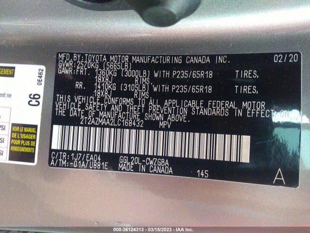 2020 LEXUS RX RX 350 VIN: 2T2AZMAA2LC168432