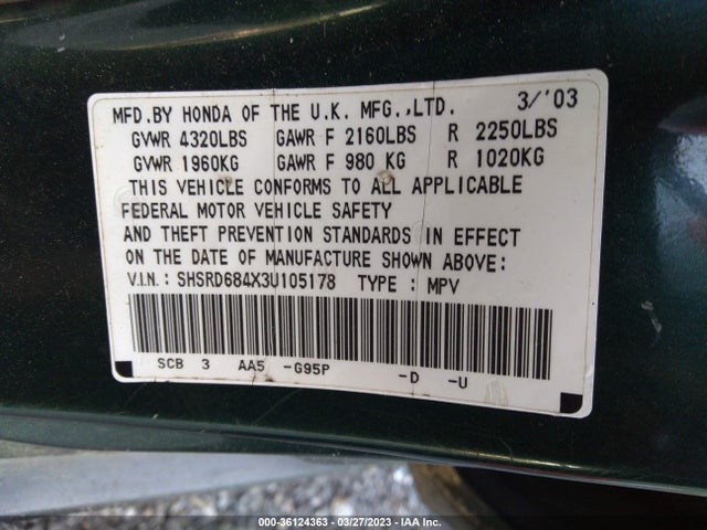 2003 HONDA CR-V LX VIN: SHSRD684X3U105178