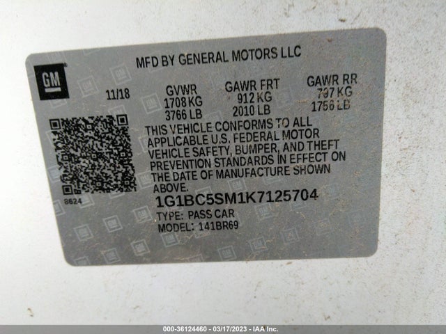 2019 Chevrolet Cruze, VIN: 1G1BC5SM1K7125704