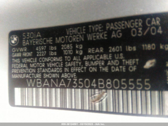 2004 BMW 5 SERIES/5-SERIES 530I VIN: WBANA73504B805555