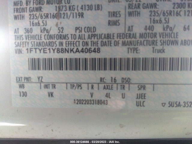 2022 Ford Transit, VIN: 1FTYE1Y88NKA40648