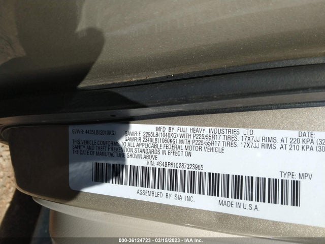 2008 SUBARU OUTBACK I/LL BEAN W/NAV VIN: 4S4BP61C287323965