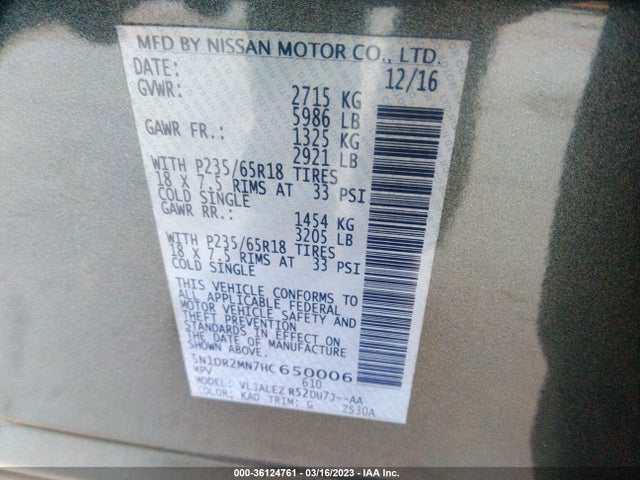 Nissan Pathfinder Sv 2017 5N1DR2MN7HC650006 Image 9