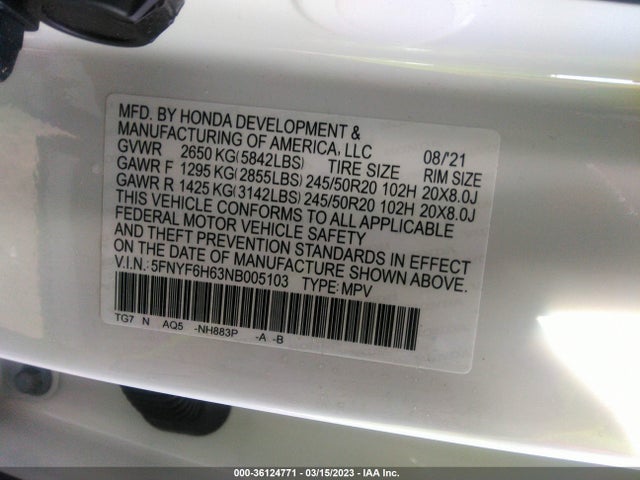 Honda Pilot Touring 7-passenger 2022 5FNYF6H63NB005103 Image 10