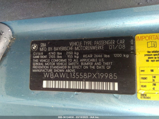 2008 BMW 3 SERIES 328I VIN: WBAWL13558PX19985
