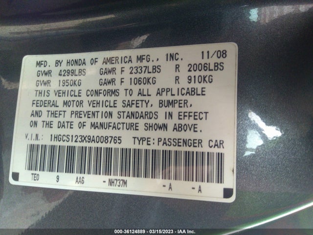 2009 HONDA ACCORD CPE LX-S VIN: 1HGCS123X9A008765