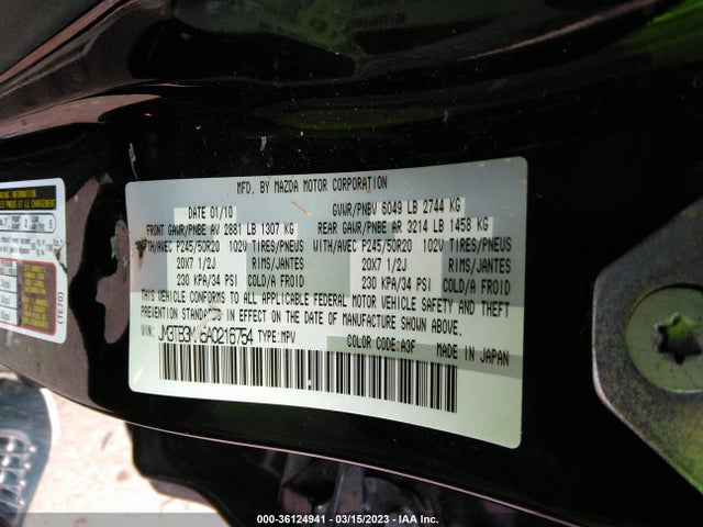 2010 MAZDA CX-9 GRAND TOURING VIN: JM3TB3MA5A0216754