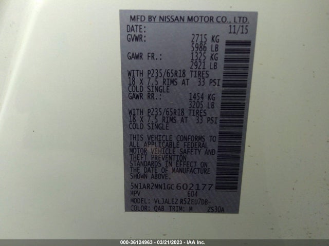 Aukcja sprzedaży 2016 Nissan Pathfinder Sv, vin: 5N1AR2MN1GC602177, numer aukcji: 36124963