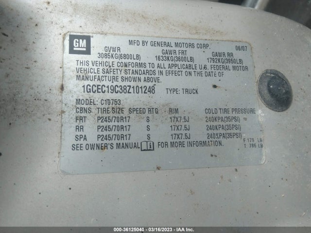 2008 CHEVROLET SILVERADO 1500 WORK TRUCK VIN: 1GCEC19C38Z101248