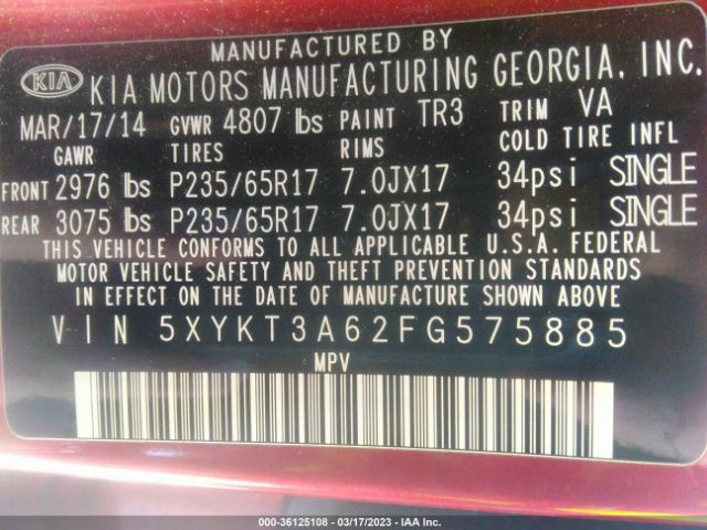 5XYKT3A62FG575885 KIA SORENTO LX
