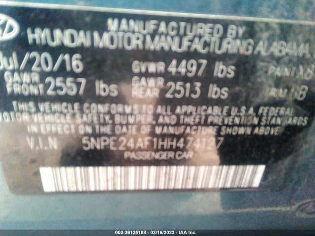 2017 HYUNDAI SONATA SE VIN: 5NPE24AF1HH474127