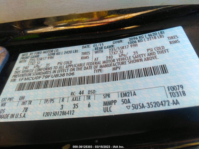 2015 FORD ESCAPE S VIN: 1FMCU0F79FUB38106