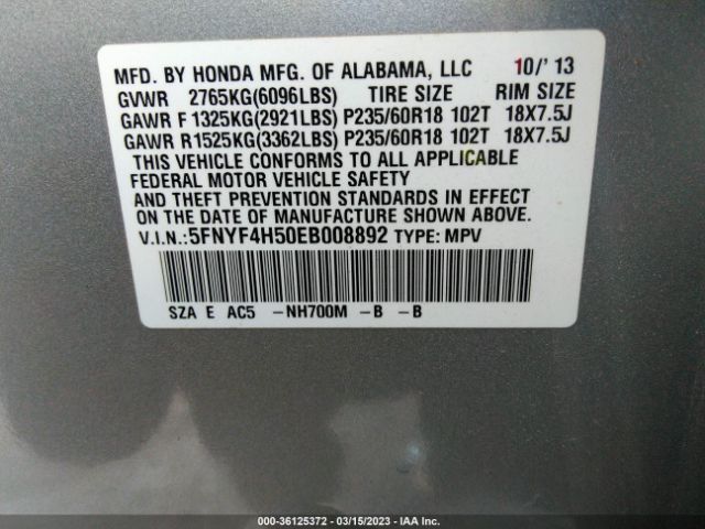 5FNYF4H50EB008892 Honda Pilot Ex-l