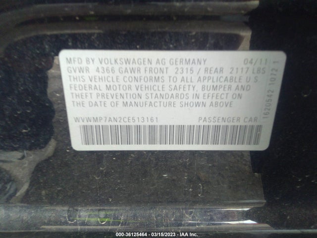 2012 VOLKSWAGEN CC SPORT PZEV VIN: WVWMP7AN2CE513161