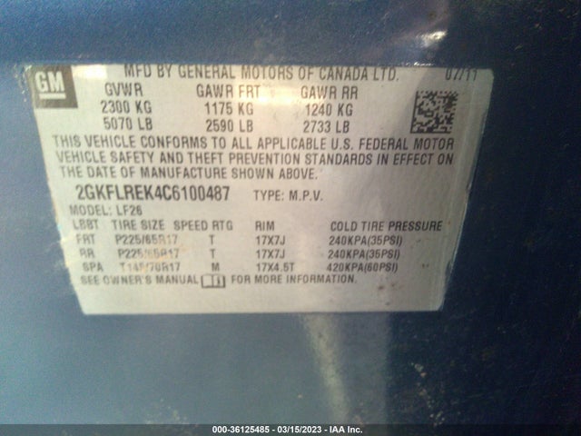 Продажа на аукционе авто 2012 Gmc Terrain Sle-1, vin: 2GKFLREK4C6100487, номер лота: 36125485