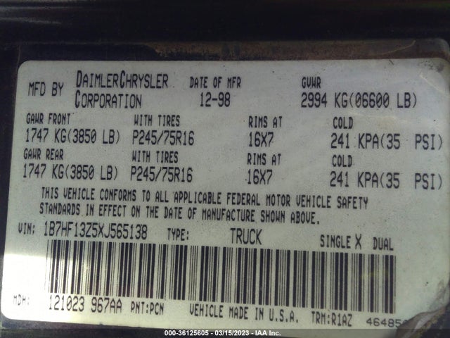 Dodge RAM 1500 1999 1B7HF13Z5XJ565138 Image 10