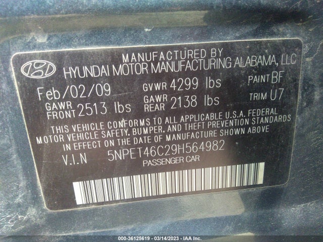 2009 HYUNDAI SONATA GLS VIN: 5NPET46C29H564982