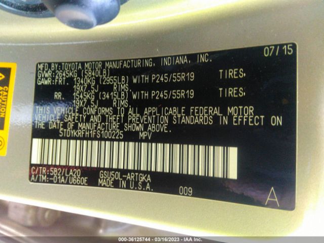 Toyota Highlander Limited 2015 5TDYKRFH1FS100225 Image 10