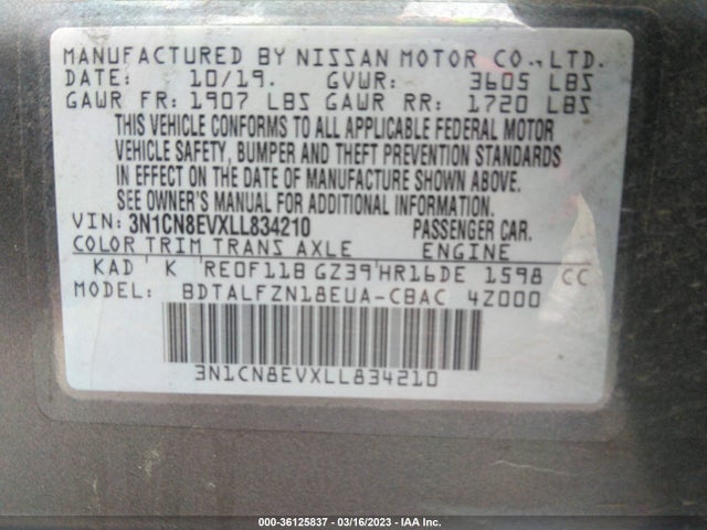 Nissan VERSA SV 2020 3N1CN8EVXLL834210 Image 9