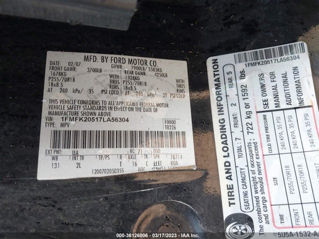 2007 FORD EXPEDITION EL LIMITED VIN: 1FMFK20517LA56304