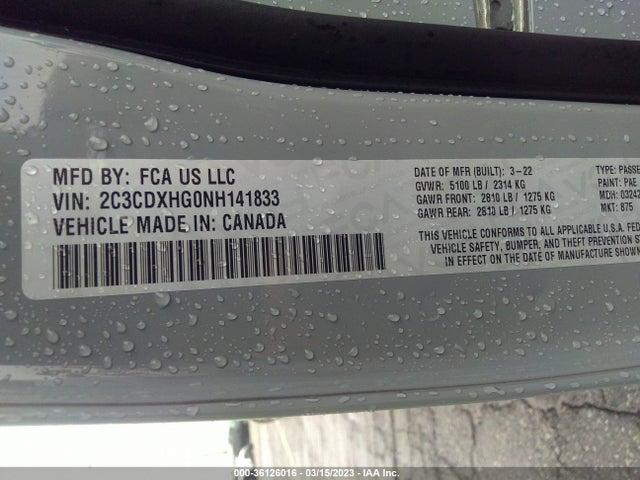 2022 DODGE CHARGER GT VIN: 2C3CDXHG0NH141833