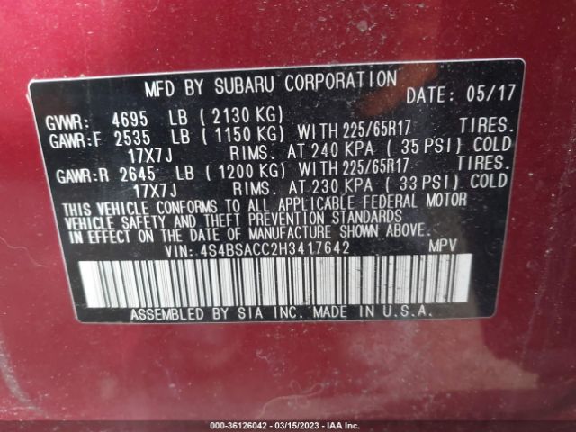4S4BSACC2H3417642 Subaru Outback Premium