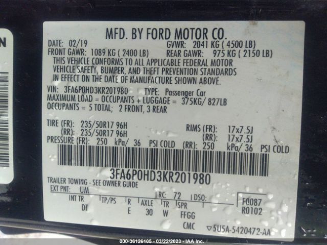 Auction sale of the 2019 Ford Fusion Se , vin: 3FA6P0HD3KR201980, lot number: 436126105