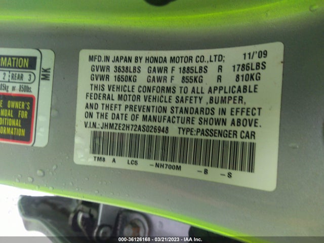 2010 HONDA INSIGHT EX VIN: JHMZE2H72AS026948