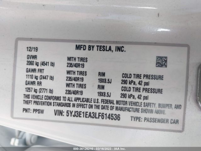 5YJ3E1EA3LF614536 Tesla Model 3 Standard Range