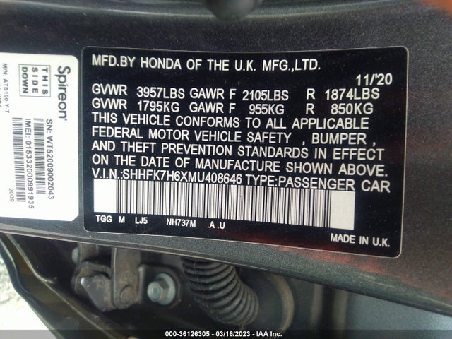 Honda Civic Hatchback Ex 2021 SHHFK7H6XMU408646 Image 10
