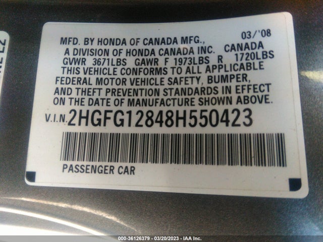 2008 HONDA CIVIC CPE EX VIN: 2HGFG12848H550423