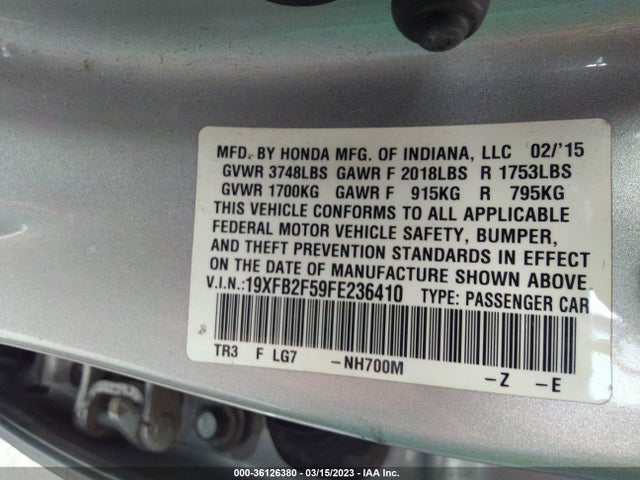 2015 HONDA CIVIC SEDAN LX VIN: 19XFB2F59FE236410