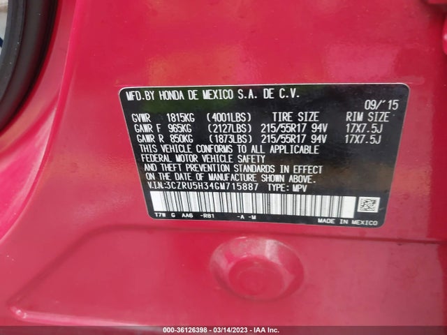 2016 HONDA HR-V LX VIN: 3CZRU5H34GM715887