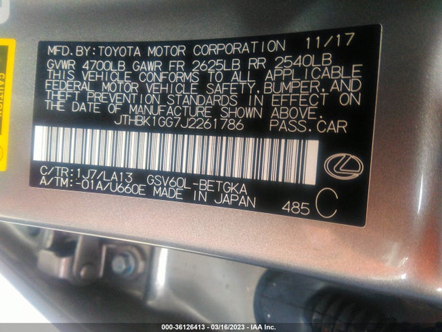 JTHBK1GG7J2261786 Lexus Es Es 350