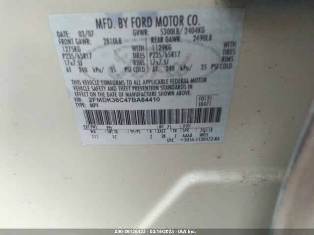 2007 FORD EDGE SE VIN: 2FMDK36C47BA84410